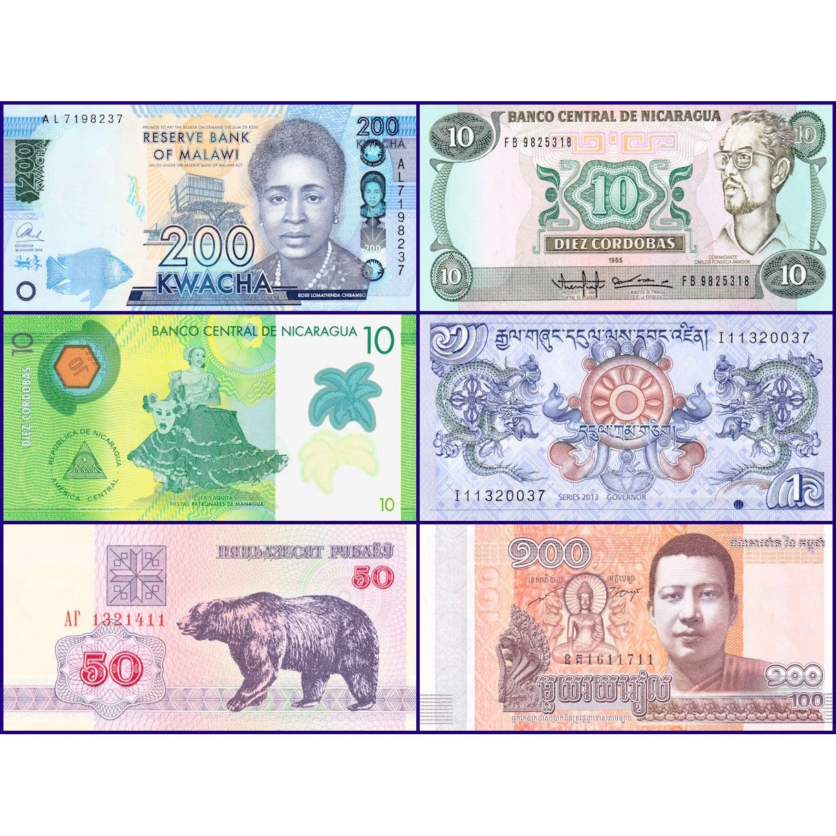  Real World Banknotes -  Set of 6 Foreign Currency Banknotes New UNC Condition (B003006)