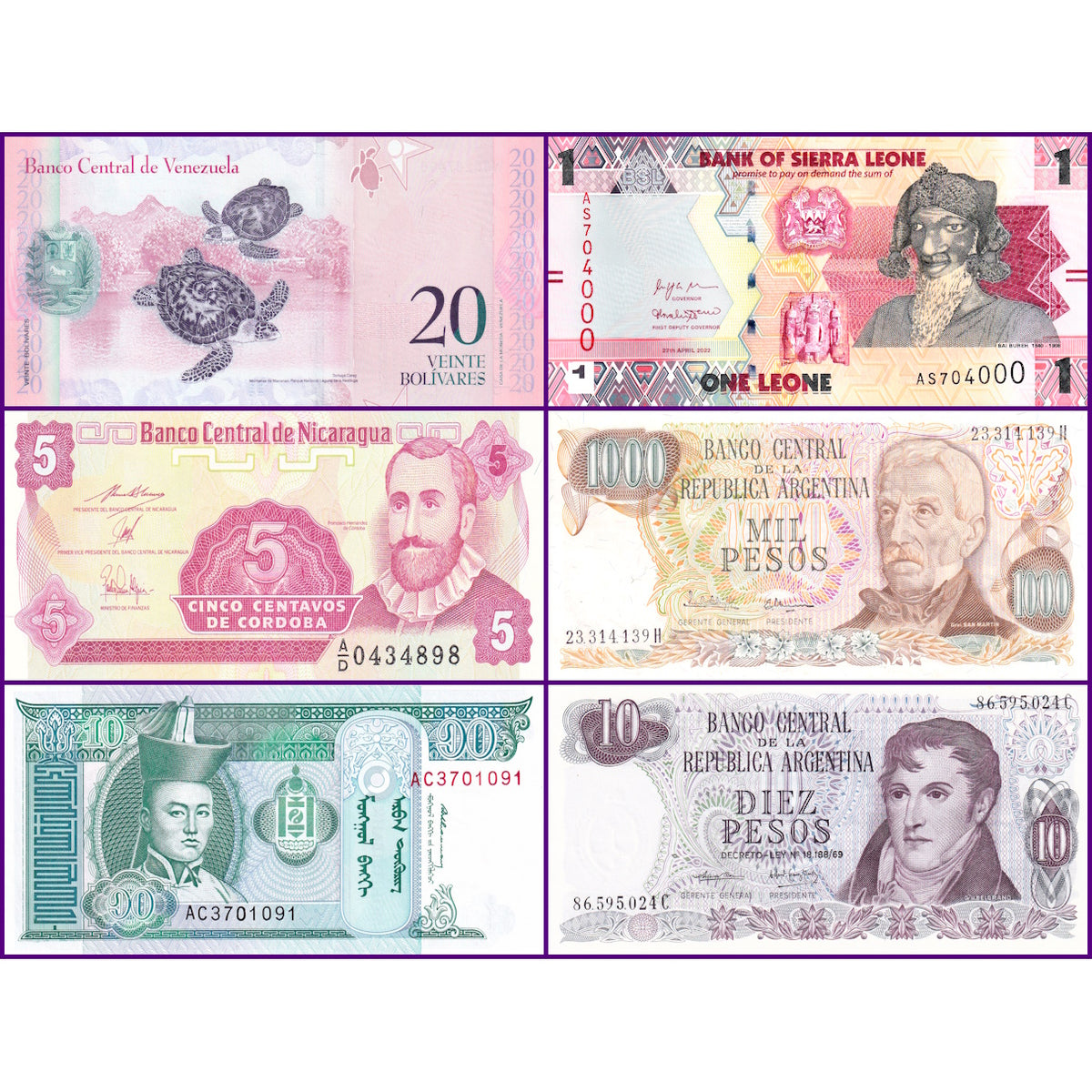  Real World Banknotes -  Set of 6 Foreign Currency Banknotes New UNC Condition (B004006)