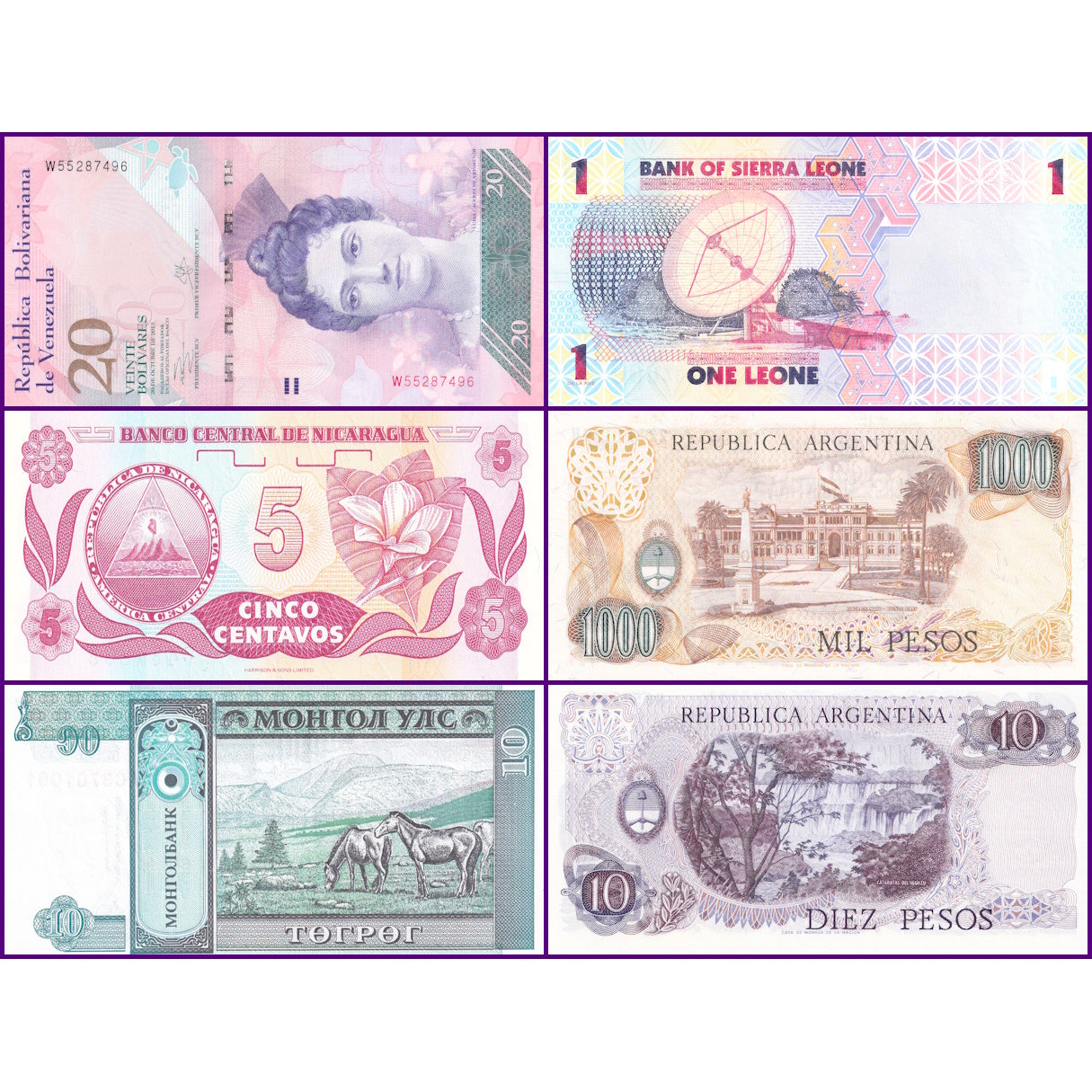  Real World Banknotes -  Set of 6 Foreign Currency Banknotes New UNC Condition (B004006)