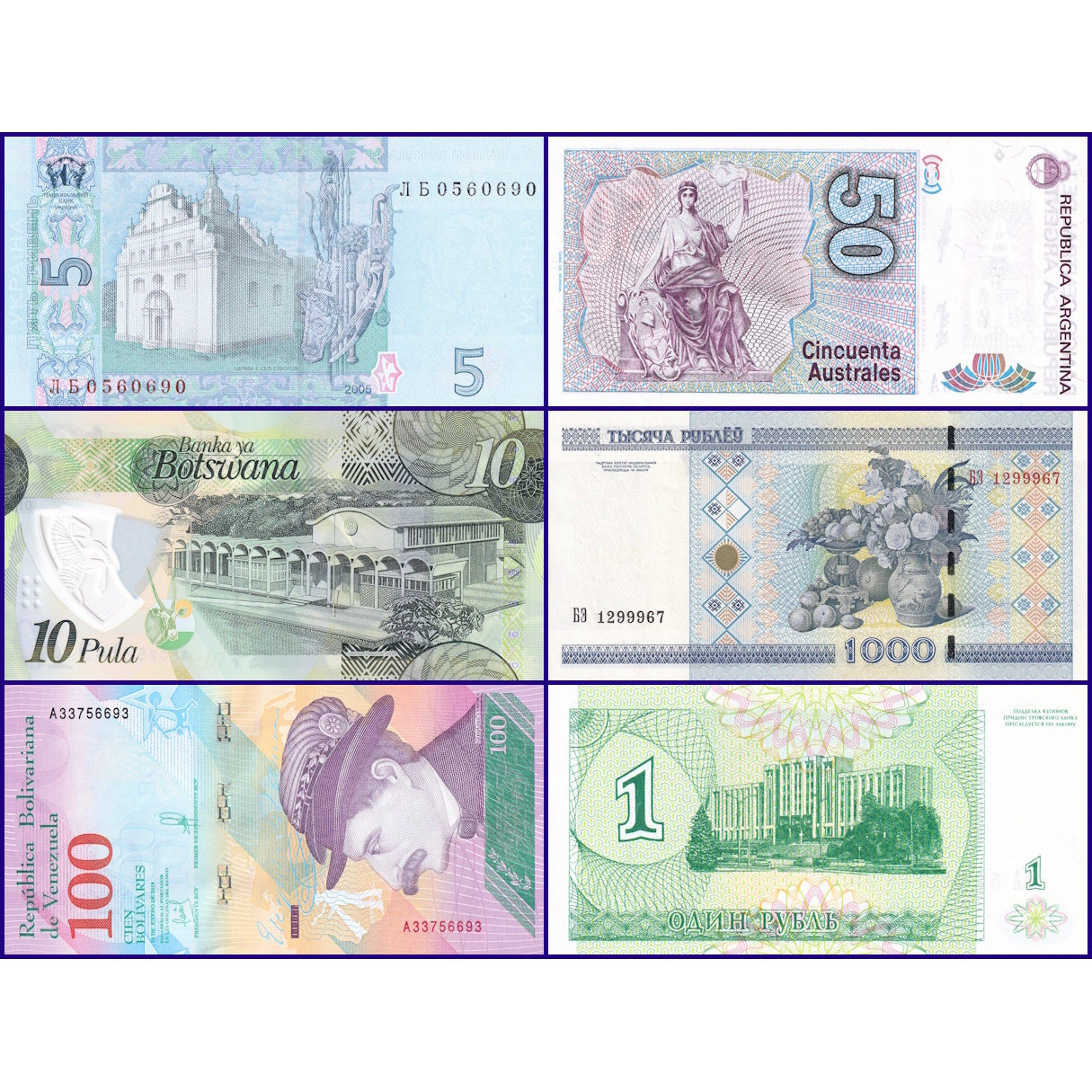 Set of 6 Foreign Currency Banknotes New UNC Condition (B001006)