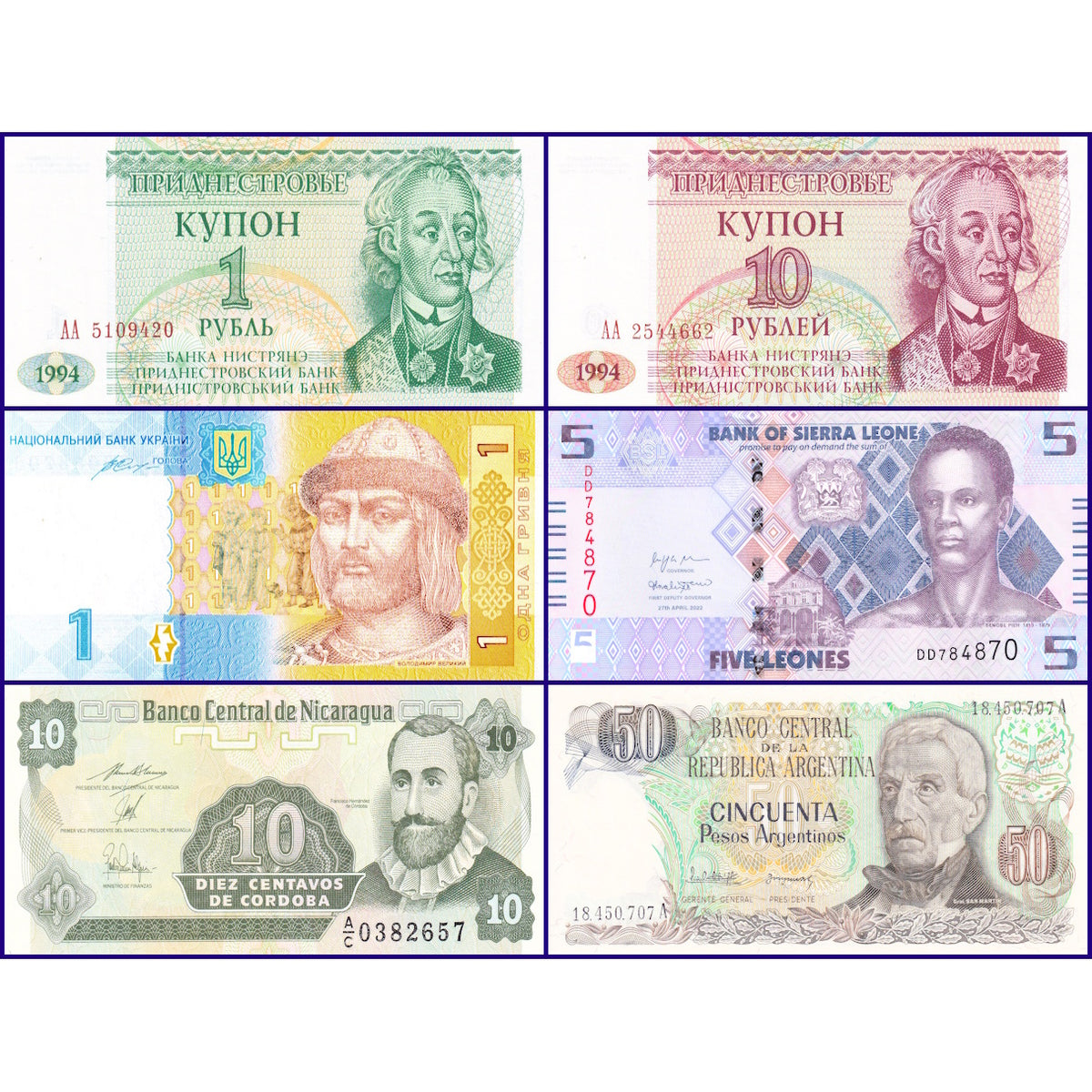 Set of 6 Foreign Currency Banknotes New UNC Condition (B006006)