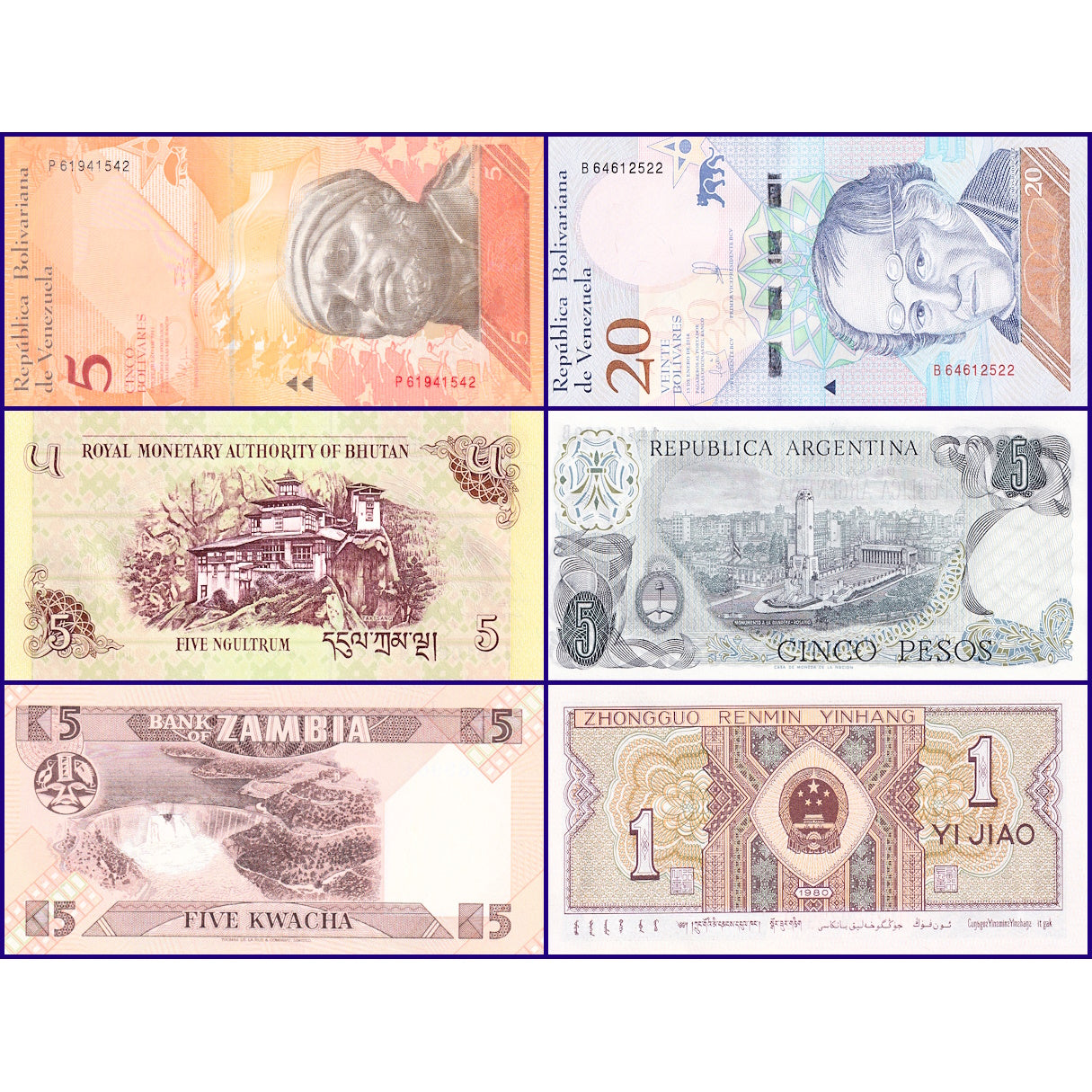  Real World Banknotes -  Set of 6 Foreign Currency Banknotes New UNC Condition (B007006)