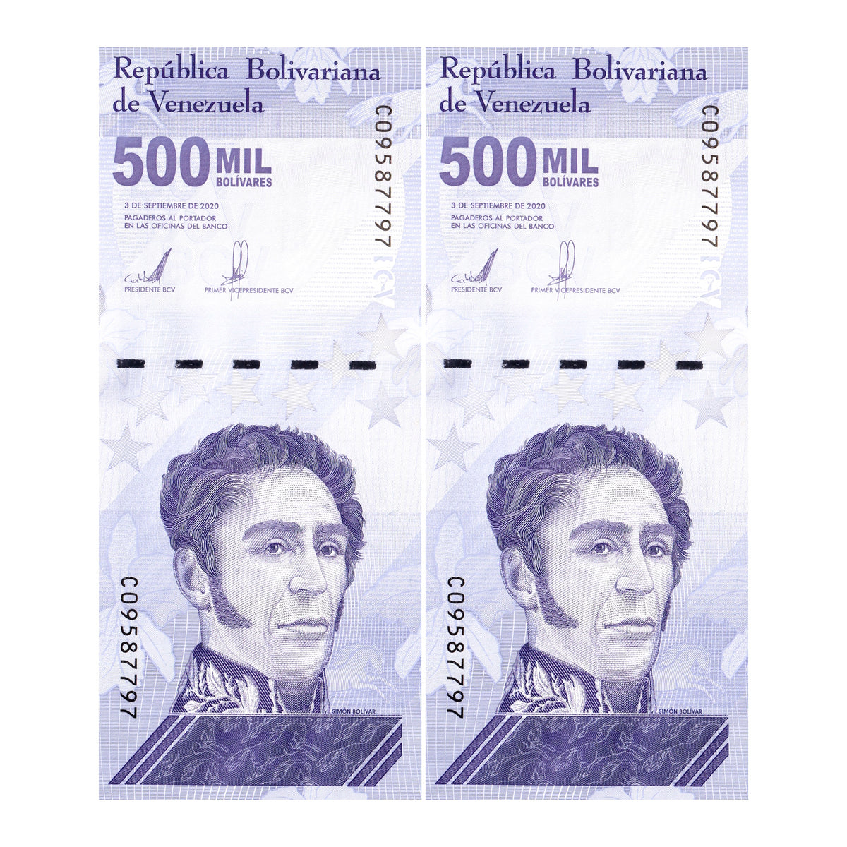 (2) Uncirculated Venezuela 500,000 Bolivar Soberano Banknotes