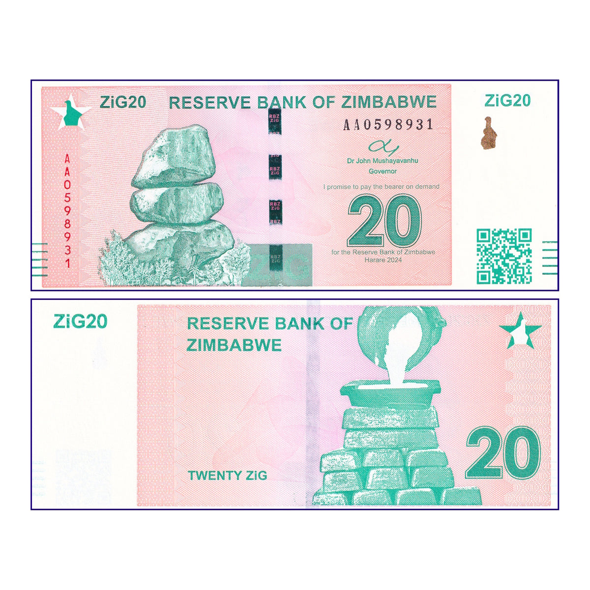  Real World Banknotes -  Zimbabwe Z$20 ZiG 2024 P-NEW UNC Banknote (1)